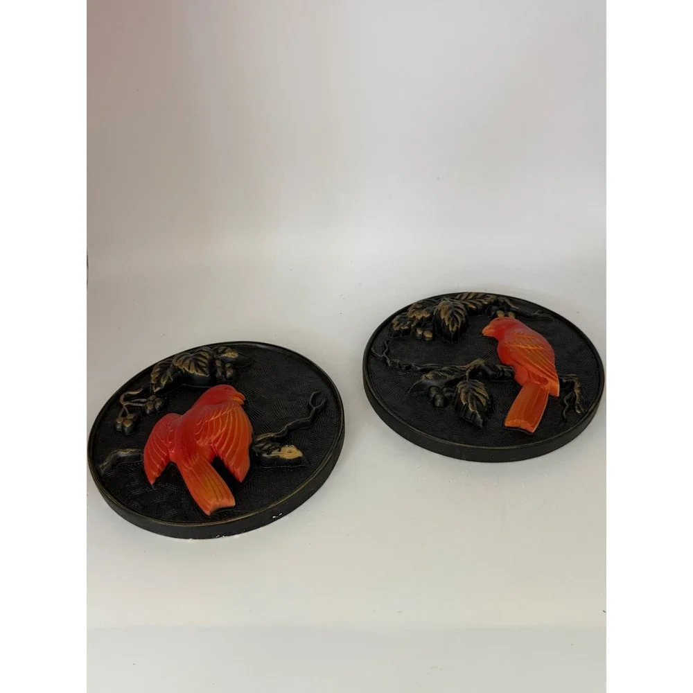 Vintage 1968 Miller Studio Red Cardinal Bird Wall Plaque Set 2 Piece Round MCM